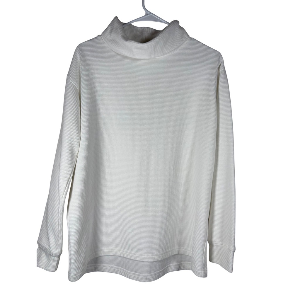 Lands End Womens White Waffle Knit Mock Neck Long Sleeve Top Small Preppy Cozy